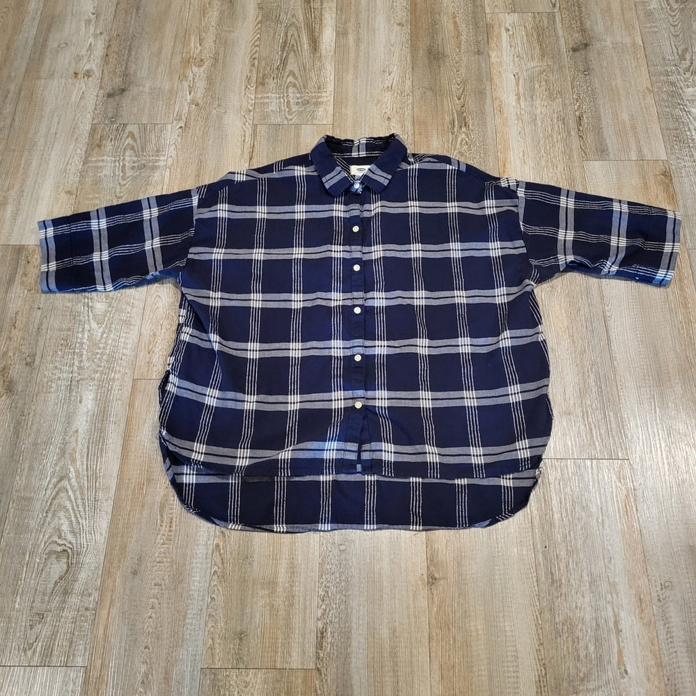 Old Navy Cropped Button Up Shirt Blue Plaid Womens Size Medium